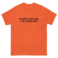 100% cotton classic tee  "SORRY I ACTED CRAZY IT WILL HAPPEN AGAIN"