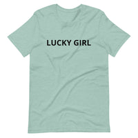 Unisex t-shirt that is the best 100% cotton tee you’ve ever tried. "LUCKY GIRL"