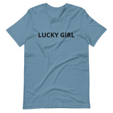 Unisex t-shirt that is the best 100% cotton tee you’ve ever tried. "LUCKY GIRL"