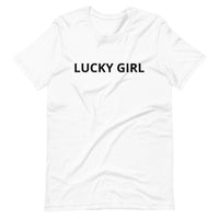 Unisex t-shirt that is the best 100% cotton tee you’ve ever tried. "LUCKY GIRL"