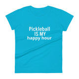 Women's short sleeve t-shirt  "Pickleball IS MY happy hour"