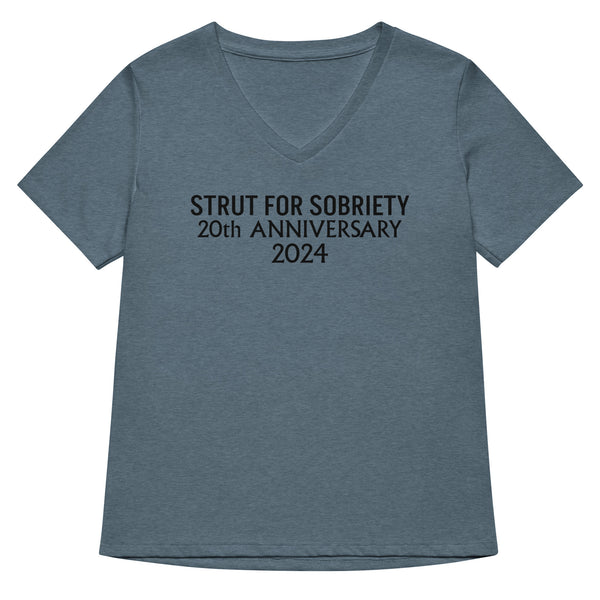 Women’s relaxed v-neck t-shirt "STRUT FOR SOBRIETY 20TH ANNIVERSARY 2024