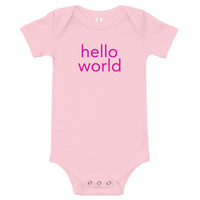 100% cotton one-piece Baby Onesie. "hello world"