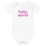 100% cotton one-piece Baby Onesie. "hello world"