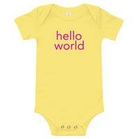 100% cotton one-piece Baby Onesie. "hello world"