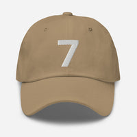 Low profile hat with an adjustable strap and curved visor.  "7"