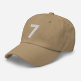 Low profile hat with an adjustable strap and curved visor.  "7"