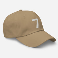 Low profile hat with an adjustable strap and curved visor.  "7"