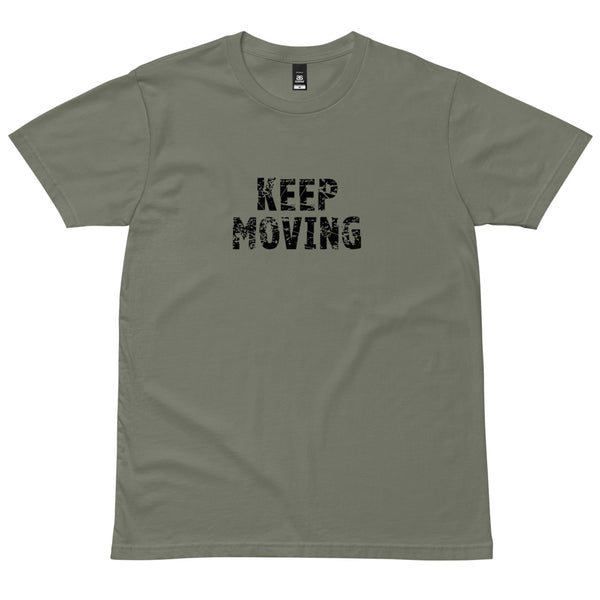 Men's classic and simple 100% cotton t-shirt.  Tee is super comfy and soft to the touch.  "KEEP MOVING"