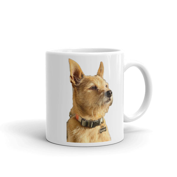 White glossy mug that holds a vivid print (dog?) that will withstand microwave and dishwasher.